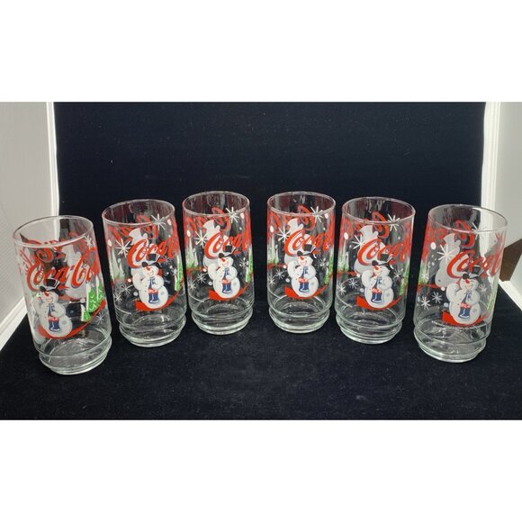 Coca-Cola Other - Set of 6 Coca-Cola Smiling Snowman Holiday Glasses Indiana Glass 1999 Vtg Xmas